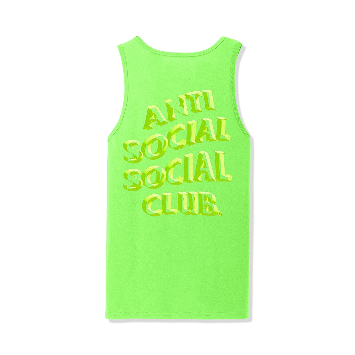 Back of neon green tank with large ASSC graphic