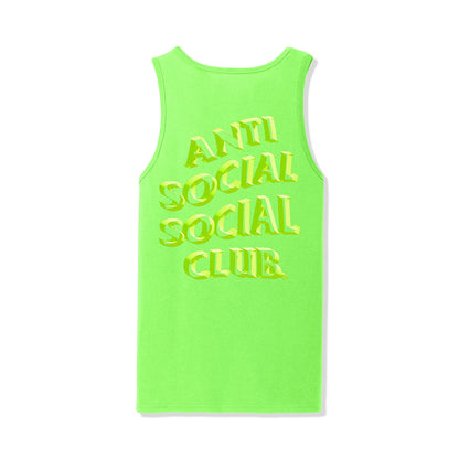 Back of neon green tank with large ASSC graphic